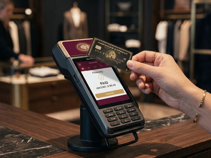 A contactless card being tapped on a countertop payment terminal showing a completed transaction