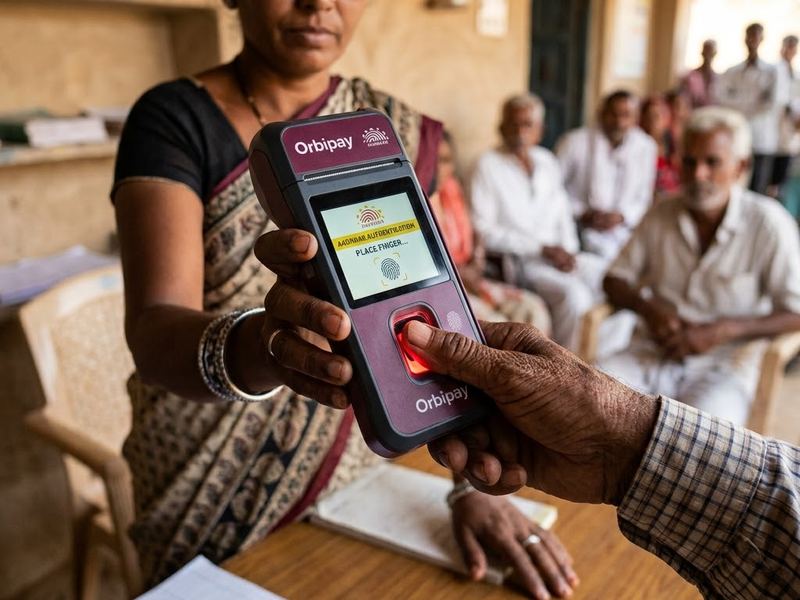 A banking correspondent holding a handheld micro-ATM while a customer places a finger on the biometric scanner