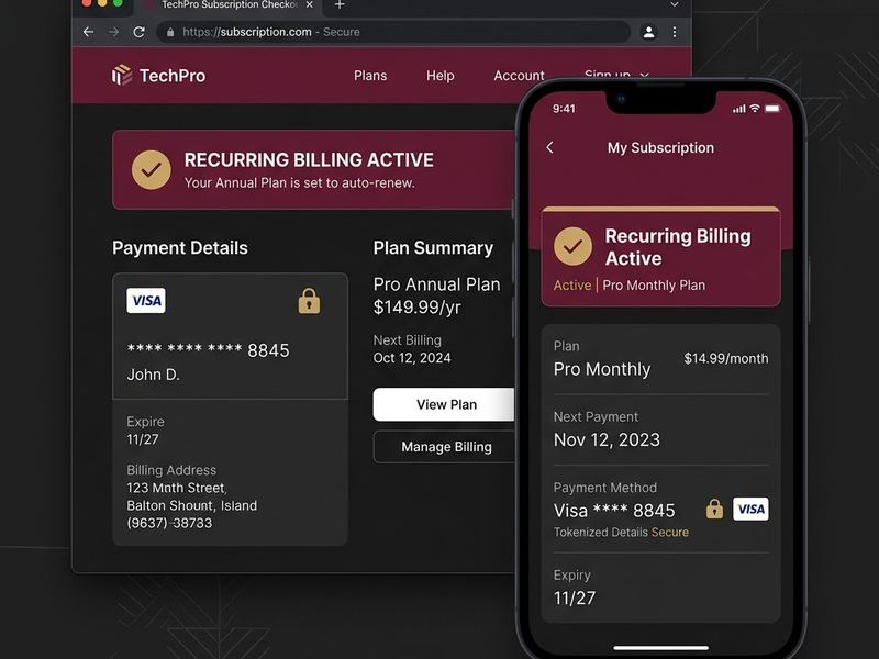 A subscription checkout page in a browser alongside the matching recurring billing screen on a phone