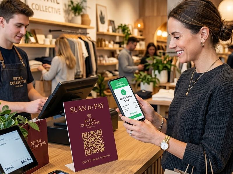 A customer scanning a counter-top QR standee and seeing the payment confirmed on their phone