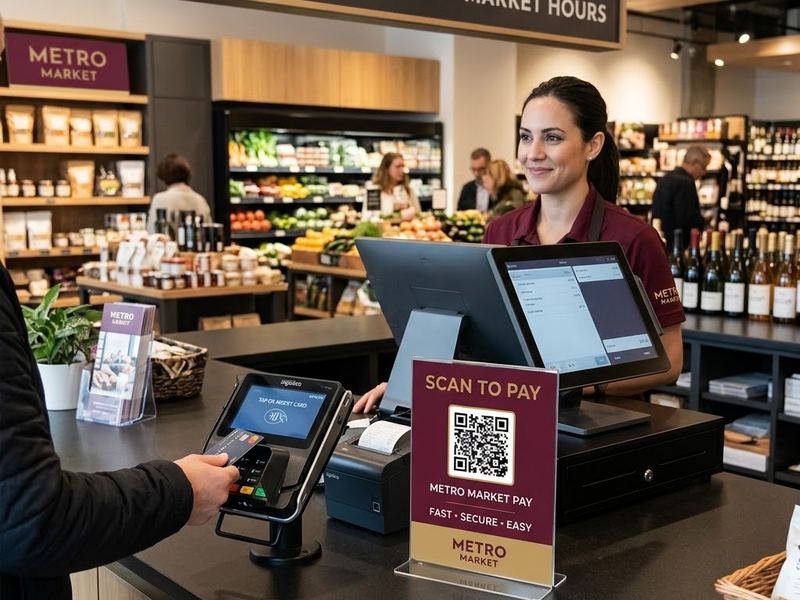 A supermarket checkout counter with a card terminal being tapped and a scan-to-pay QR standee alongside