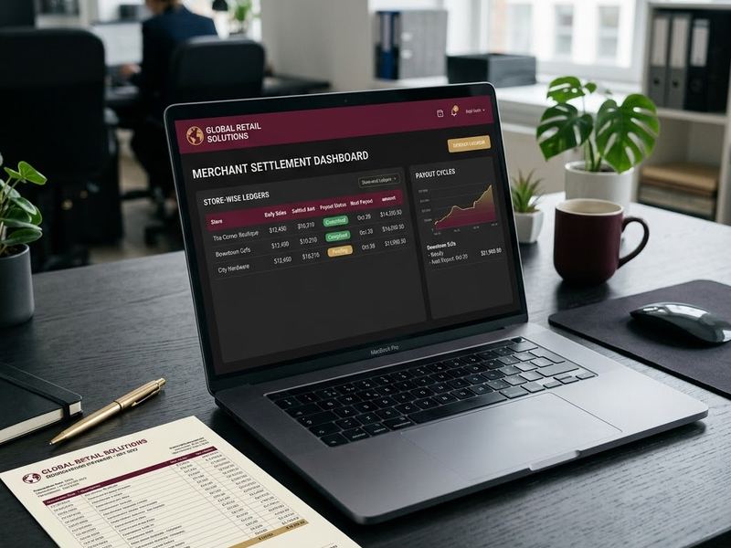 A merchant settlement dashboard open on a laptop beside a printed reconciliation statement
